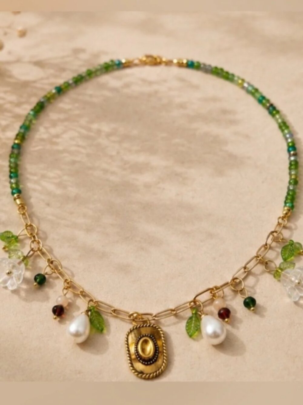 Gold plated Necklace with Beads, Pearl Drops, Leaves, Glass Lilies, Cowboy Hat